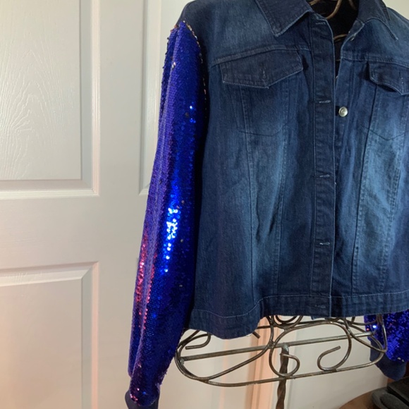 Touch Me Blue Sequin Denim Glitter Sleeve Jacket Plus Size 1X - Picture 3 of 8